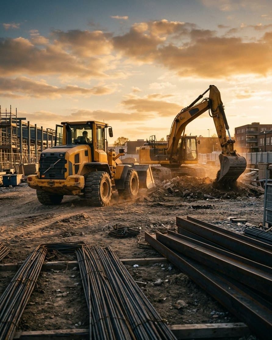 Rakodógép és markológép egy építkezésen, előtérben betonacél