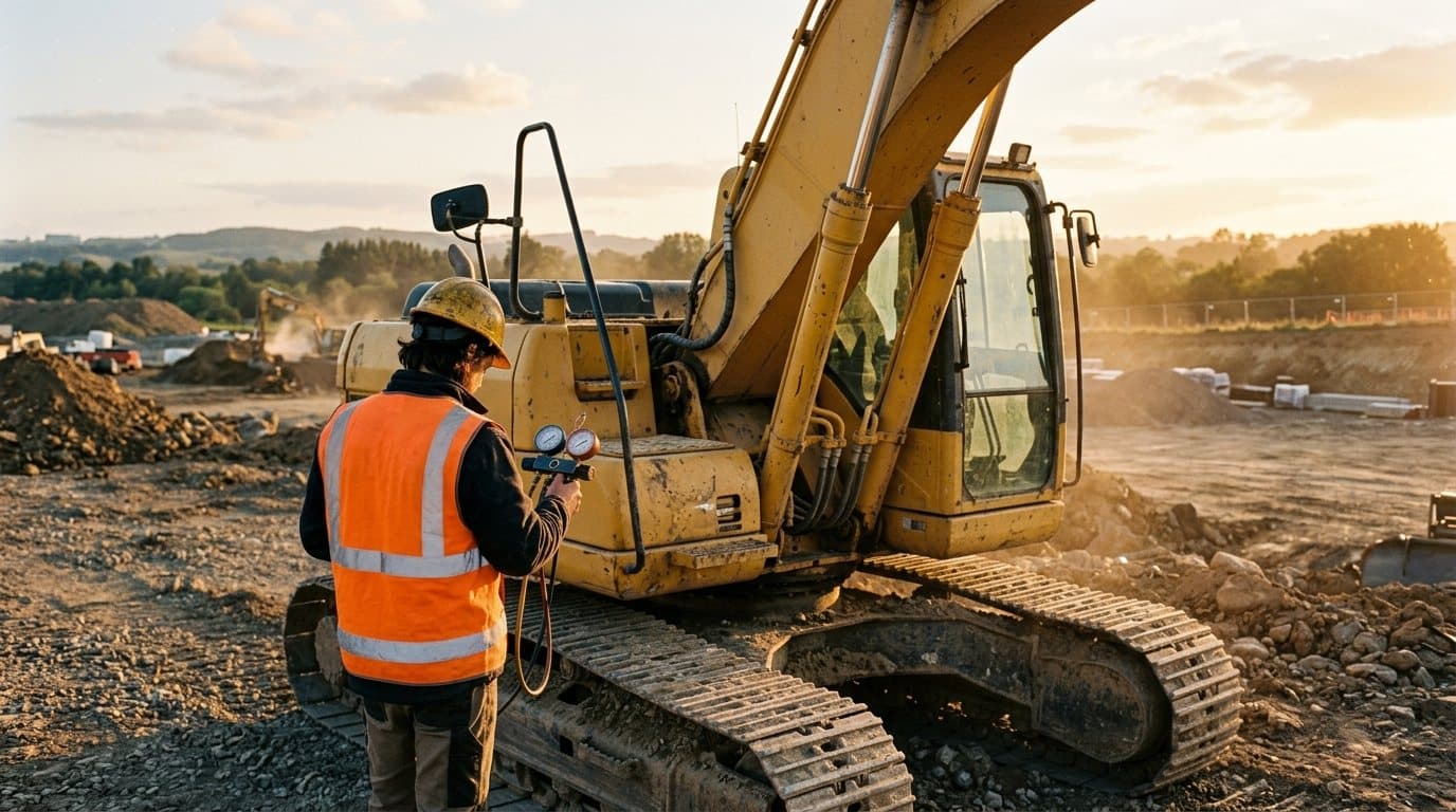 Munkagép klímájának szervizelése építkezésen, markológép mellett